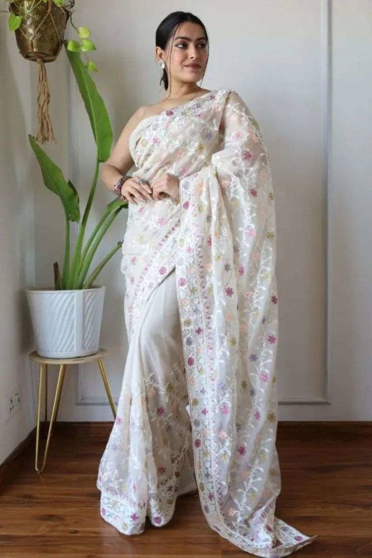 Brown net embroidered aari work heavy look ethnic saree with blouse
