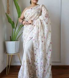 Brown net embroidered aari work heavy look ethnic saree with blouse