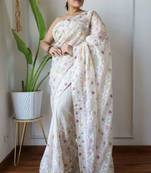 Brown net embroidered aari work heavy look ethnic saree with blouse