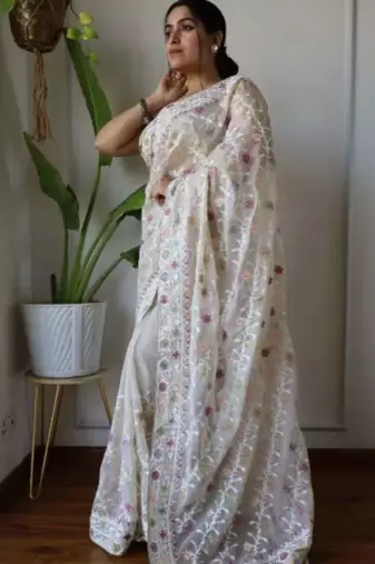 Brown net embroidered aari work heavy look ethnic saree with blouse