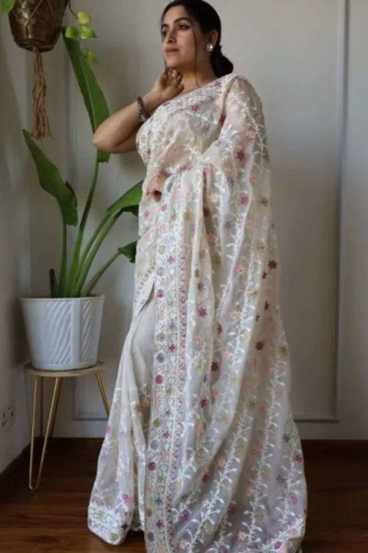 Brown net embroidered aari work heavy look ethnic saree with blouse