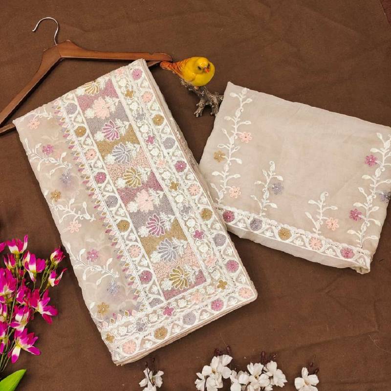 Brown net embroidered aari work heavy look ethnic saree with blouse