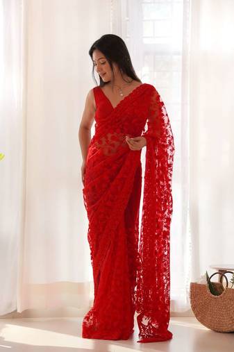 Red net embroidered aari work heavy look ethnic saree with blouse