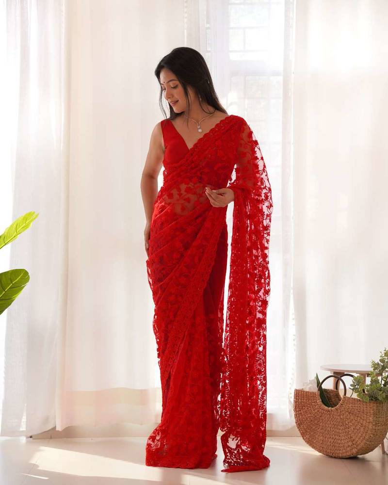 Red net embroidered aari work heavy look ethnic saree with blouse