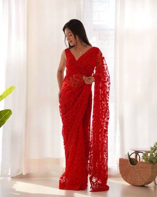 Red net embroidered aari work heavy look ethnic saree with blouse 1