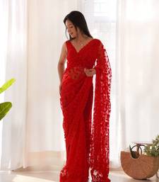 Red net embroidered aari work heavy look ethnic saree with blouse