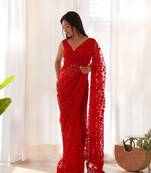 Red net embroidered aari work heavy look ethnic saree with blouse