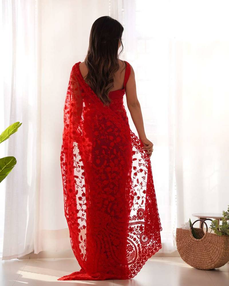 Red net embroidered aari work heavy look ethnic saree with blouse