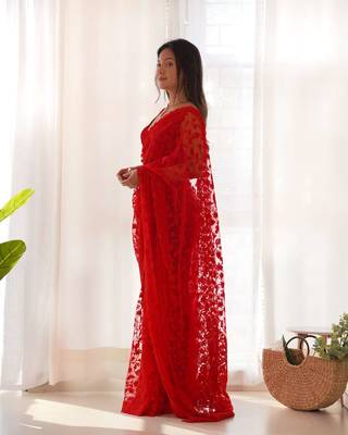 Red net embroidered aari work heavy look ethnic saree with blouse 3