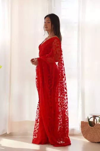 Red net embroidered aari work heavy look ethnic saree with blouse