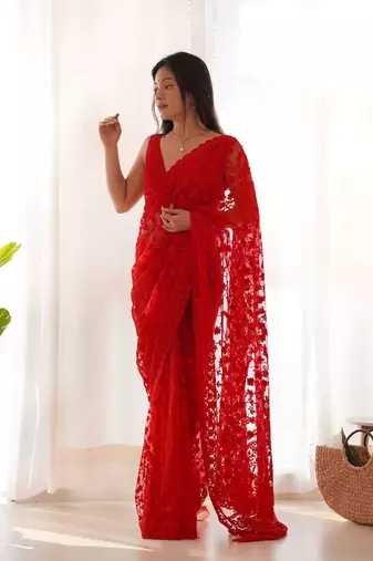 Red net embroidered aari work heavy look ethnic saree with blouse
