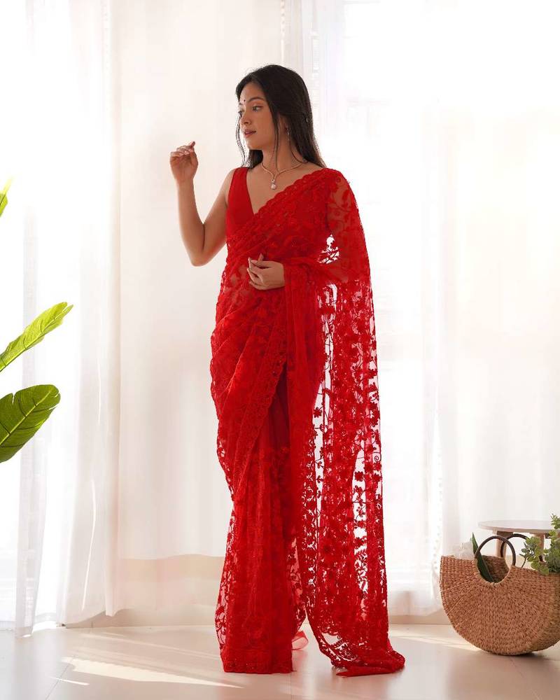 Red net embroidered aari work heavy look ethnic saree with blouse
