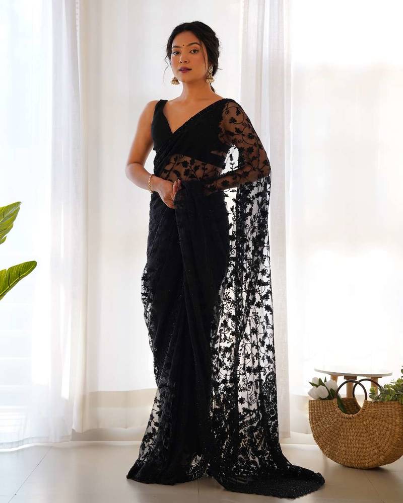 Black net embroidered aari work heavy look ethnic saree with blouse
