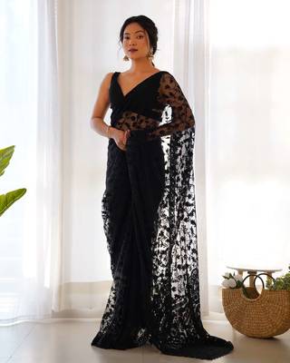 Black net embroidered aari work heavy look ethnic saree with blouse 1