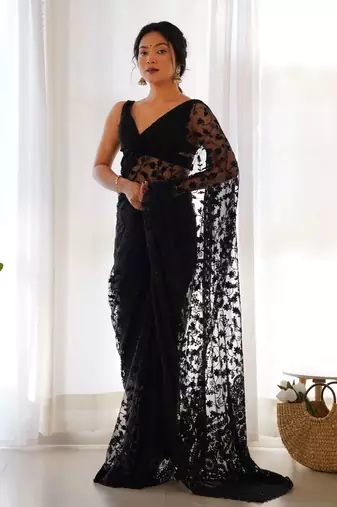 Black net embroidered aari work heavy look ethnic saree with blouse
