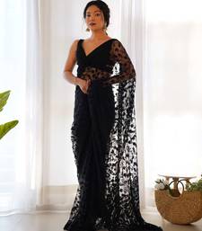 Black net embroidered aari work heavy look ethnic saree with blouse