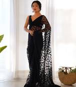 Black net embroidered aari work heavy look ethnic saree with blouse