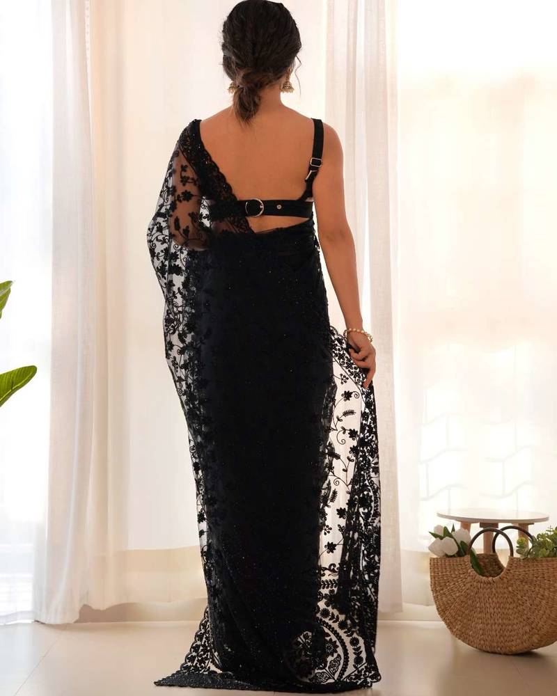 Black net embroidered aari work heavy look ethnic saree with blouse