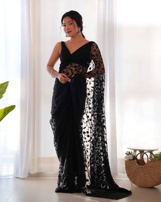 Black net embroidered aari work heavy look ethnic saree with blouse 3
