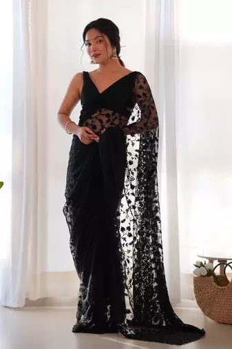 Black net embroidered aari work heavy look ethnic saree with blouse