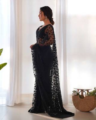Black net embroidered aari work heavy look ethnic saree with blouse 4