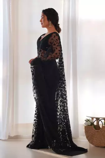 Black net embroidered aari work heavy look ethnic saree with blouse