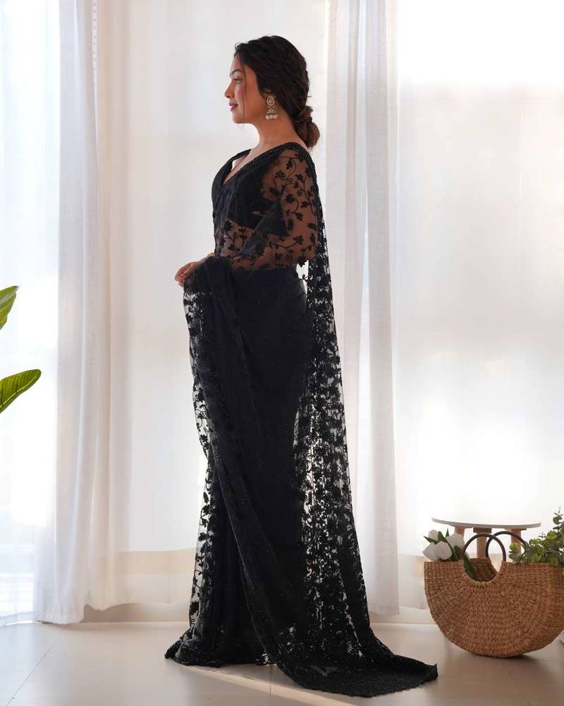 Black net embroidered aari work heavy look ethnic saree with blouse