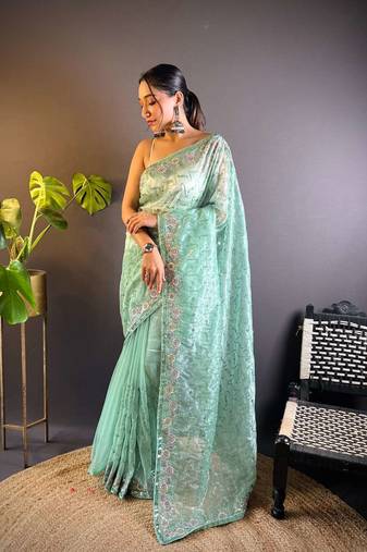 Sea green net embroidered thread work heavy look ethnic saree with blouse