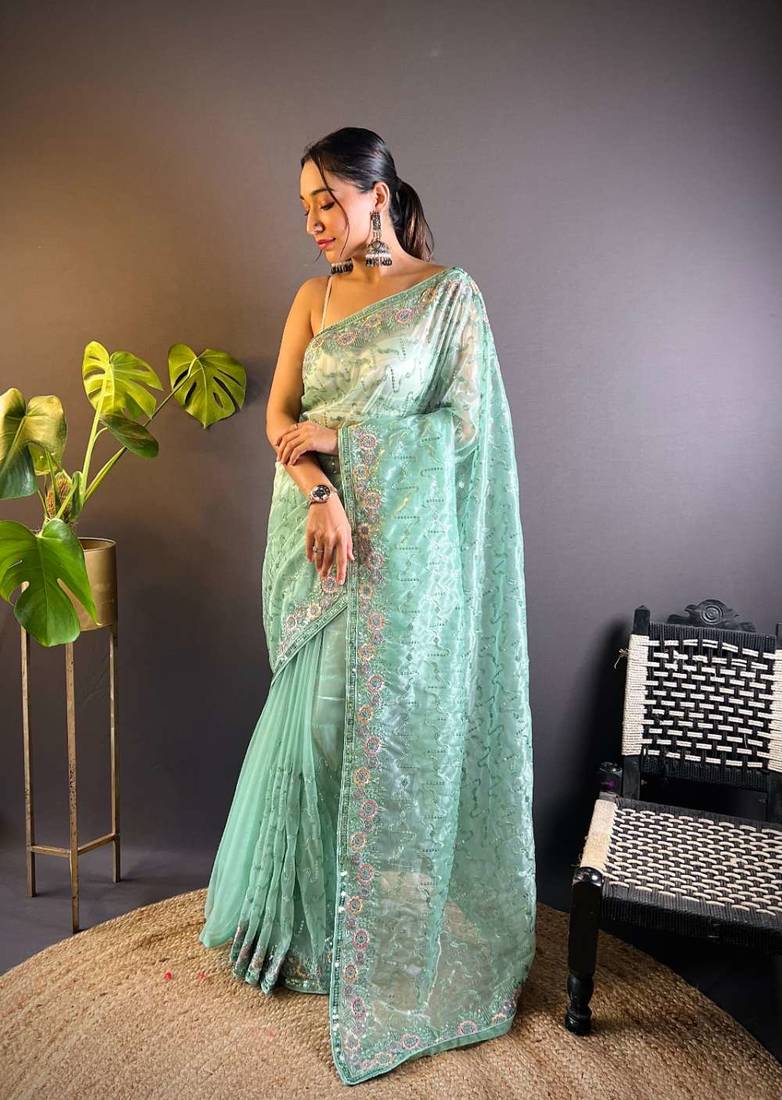 Sea green net embroidered thread work heavy look ethnic saree with blouse