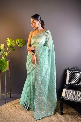Sea green net embroidered thread work heavy look ethnic saree with blouse