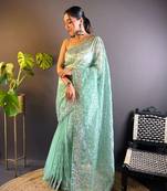Sea green net embroidered thread work heavy look ethnic saree with blouse
