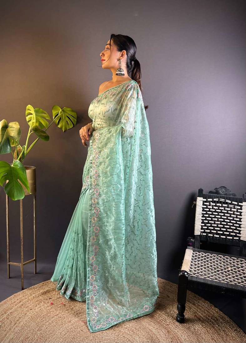 Sea green net embroidered thread work heavy look ethnic saree with blouse