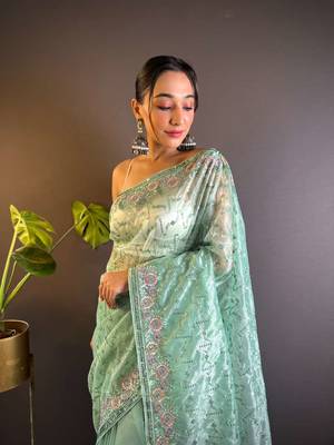 Sea green net embroidered thread work heavy look ethnic saree with blouse 3