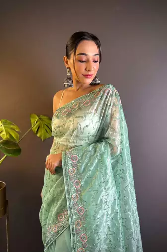 Sea green net embroidered thread work heavy look ethnic saree with blouse