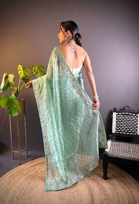 Sea green net embroidered thread work heavy look ethnic saree with blouse 4