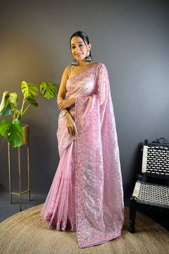 Lavender net embroidered thread work heavy look ethnic saree with blouse