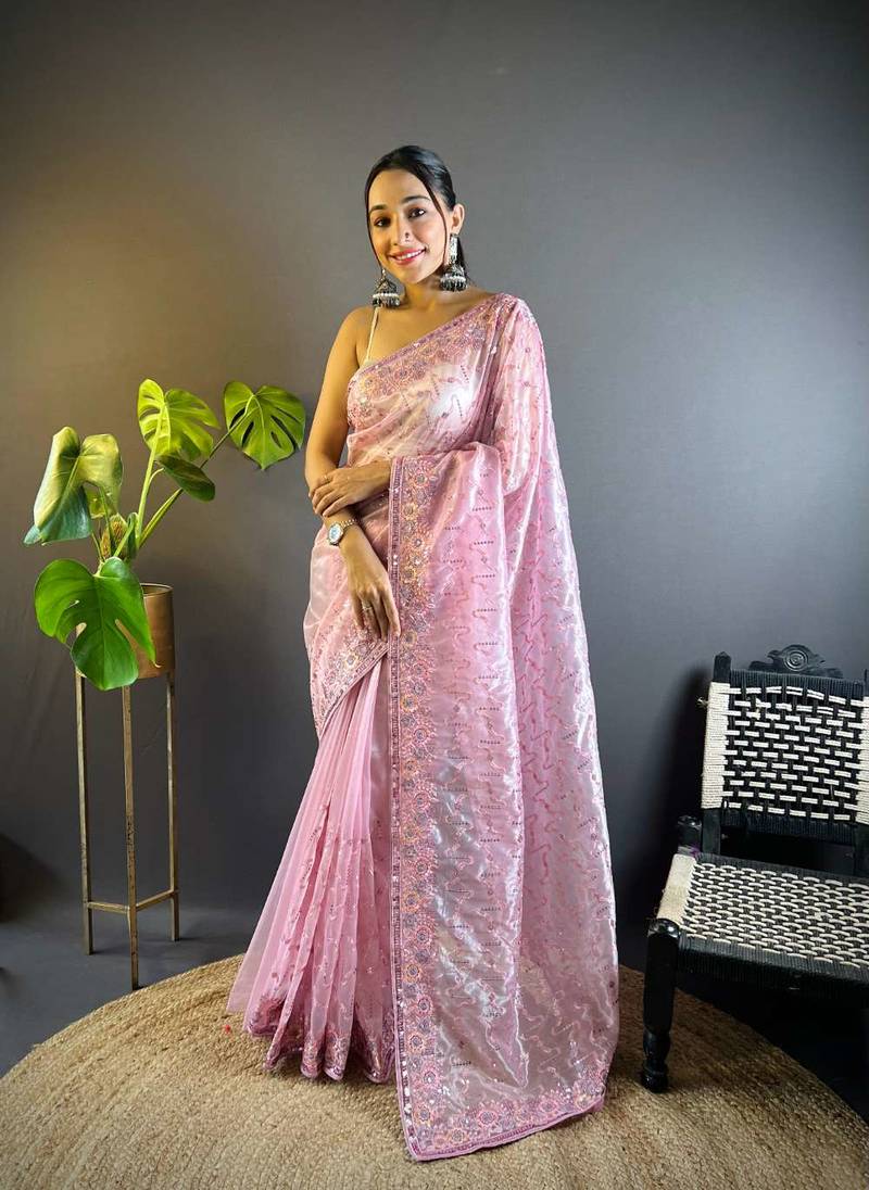 Lavender net embroidered thread work heavy look ethnic saree with blouse