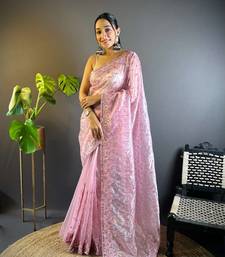 Lavender net embroidered thread work heavy look ethnic saree with blouse