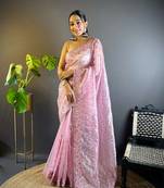 Lavender net embroidered thread work heavy look ethnic saree with blouse
