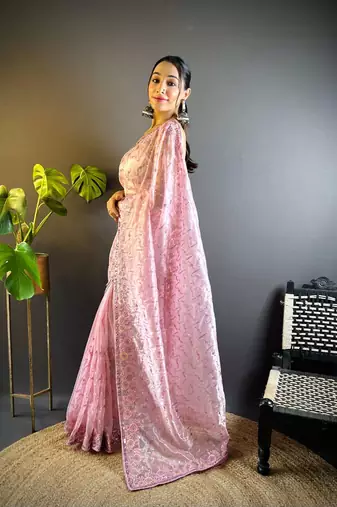 Lavender net embroidered thread work heavy look ethnic saree with blouse
