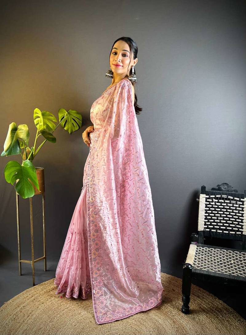 Lavender net embroidered thread work heavy look ethnic saree with blouse