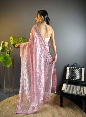 Lavender net embroidered thread work heavy look ethnic saree with blouse 4