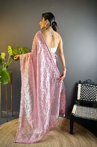 Lavender net embroidered thread work heavy look ethnic saree with blouse