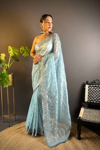 Blue net embroidered thread work heavy look ethnic saree with blouse