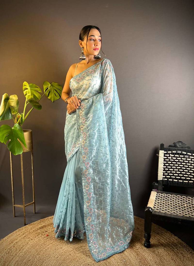 Blue net embroidered thread work heavy look ethnic saree with blouse