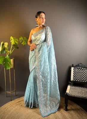 Blue net embroidered thread work heavy look ethnic saree with blouse 1