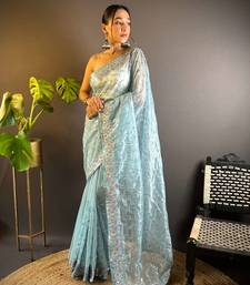 Blue net embroidered thread work heavy look ethnic saree with blouse