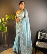 Blue net embroidered thread work heavy look ethnic saree with blouse