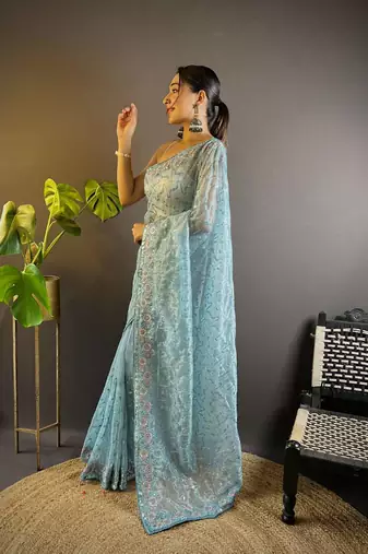 Blue net embroidered thread work heavy look ethnic saree with blouse