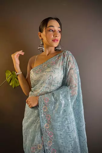 Blue net embroidered thread work heavy look ethnic saree with blouse